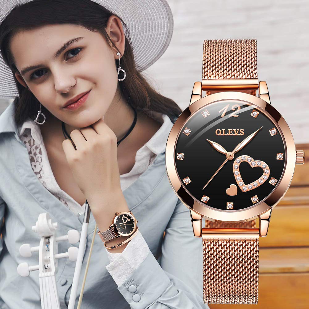 OLEVS Rose Gold Watch for Women Mesh Strap Fashion Dress Hearts Japanese Quartz Waterproof Luminous Ladies Watches Bracelet Sets