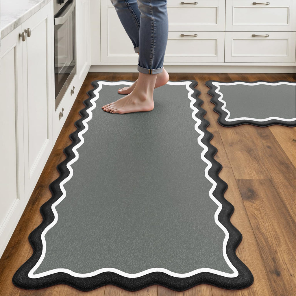 Arenarug Upgrade Scalloped Embossed Kitchen Mats for Floor 2PCS Cushioned Anti Fatigue Waterproof Foam Kitchen Rugs Non Slip Washable Comfort Standing Mat for Office Sink Laundry, Black