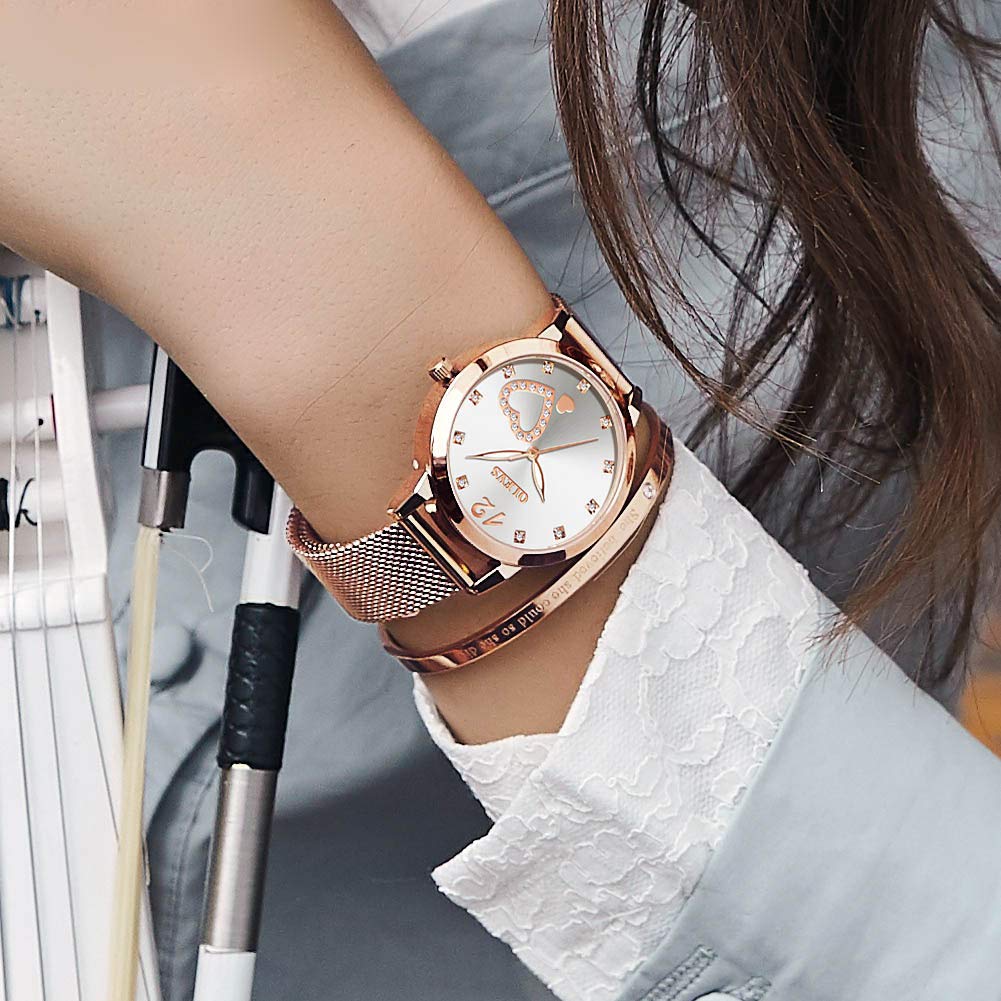 OLEVS Rose Gold Watch for Women Mesh Strap Fashion Dress Hearts Japanese Quartz Waterproof Luminous Ladies Watches Bracelet Sets