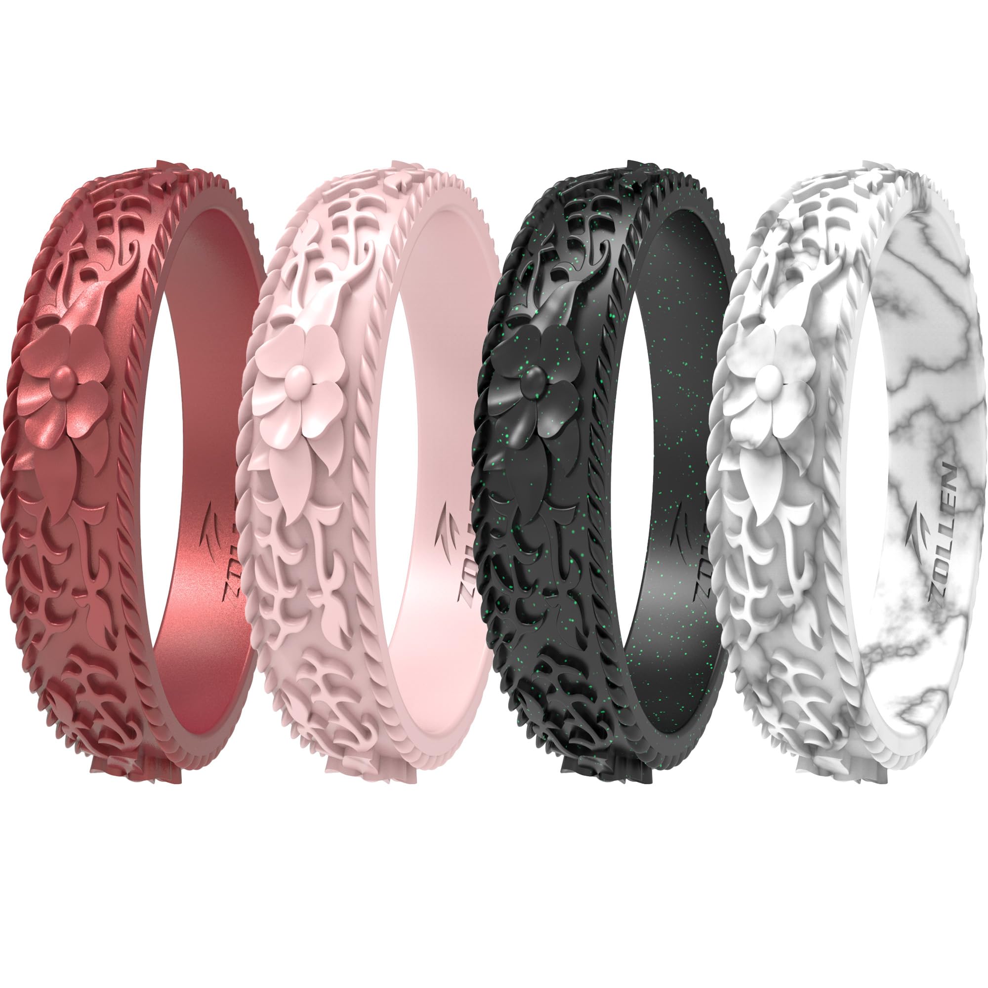 Silicone Wedding Rings for Women 1/4/7 Packs -Stackable Silicone Rubber Wedding Bands - Innovative Flower & Vine Collection