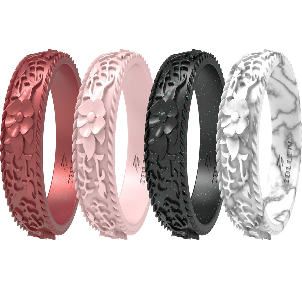Silicone Wedding Rings for Women 1/4/7 Packs -Stackable Silicone Rubber Wedding Bands - Innovative Flower & Vine Collection