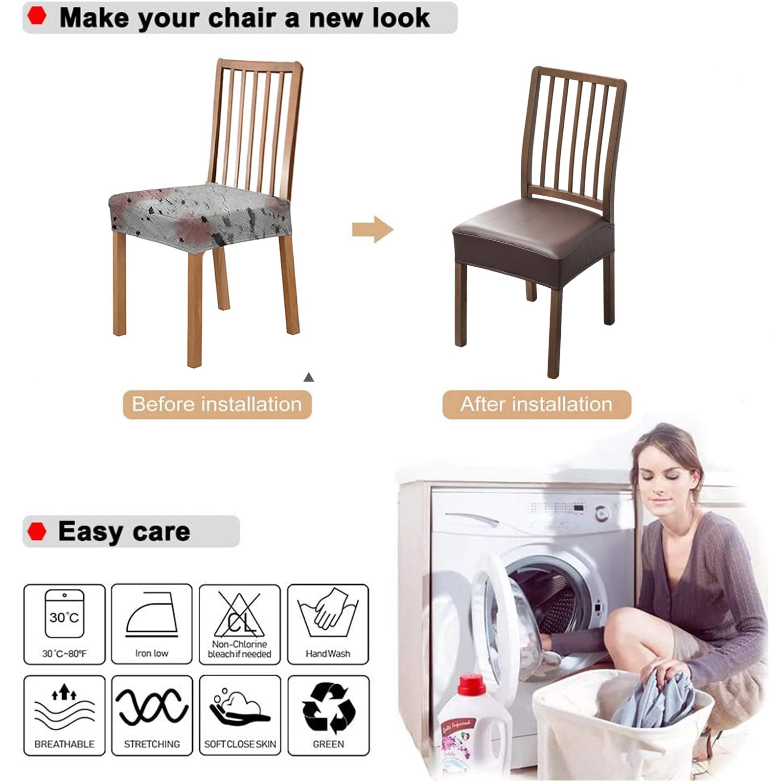 NILUOH Waterproof Seat Covers for Dining Room Chairs Set of 6, Pu Leather Chair Seat Slipcovers Dining Chair Cover Removable Washable Chair Protctor Cover, Rear Covers (PU-Coffee)