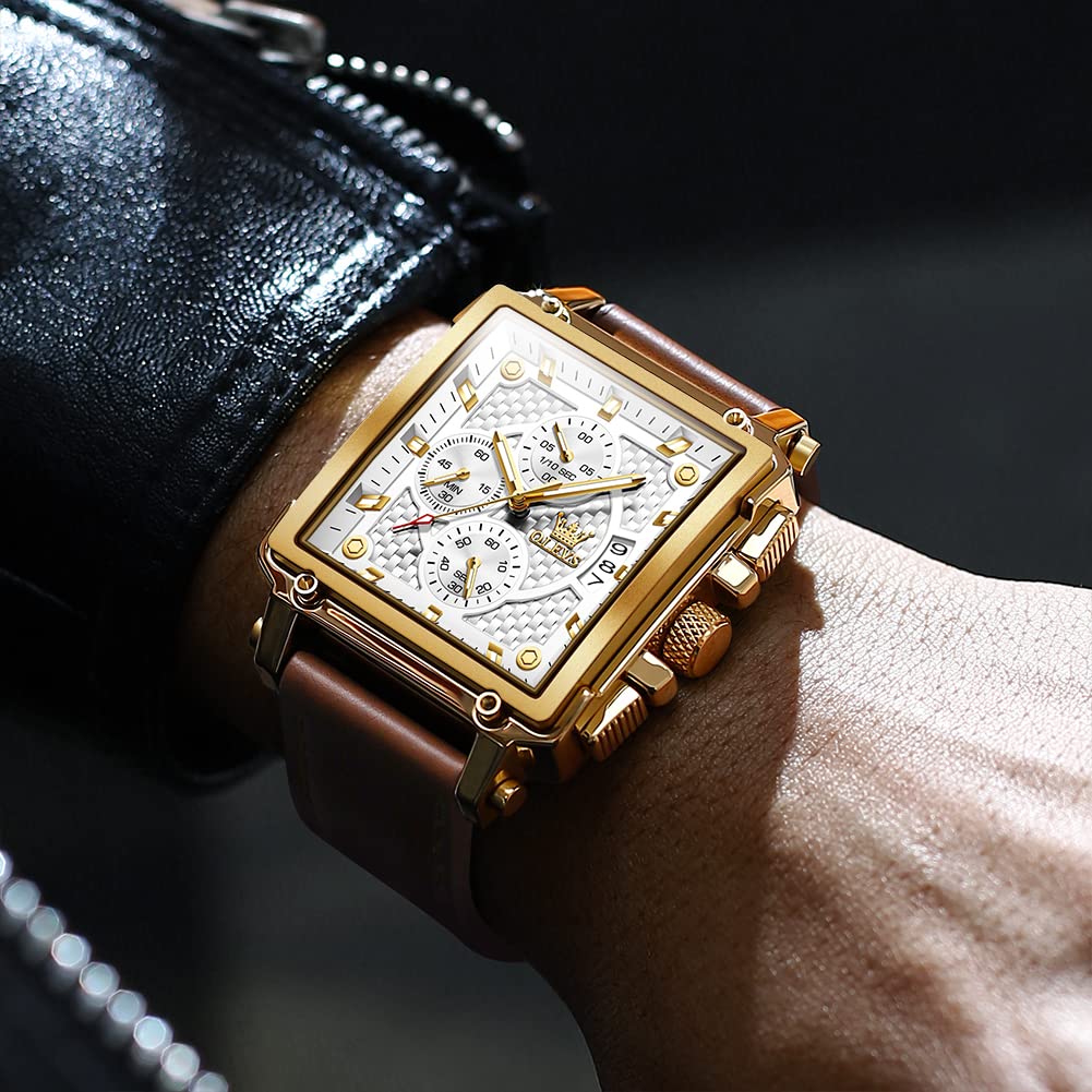 OLEVS Men's Casual Leather Watch, Big Face Chronograph Watch for Men, Fashion Easy to Read Dress Watch, Men's Waterproof Luminous Date Analog Watch, Gold/Black/White/Blue Dial