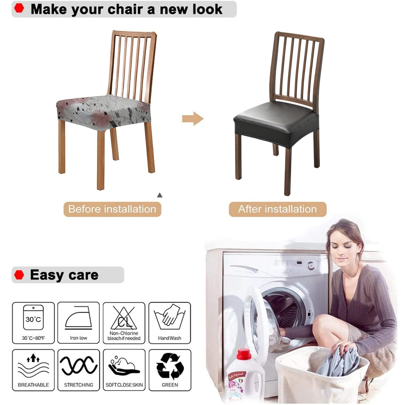NILUOH Waterproof Seat Covers for Dining Room Chairs Set of 6, Pu Leather Chair Seat Slipcovers Dining Chair Cover Removable Washable Chair Protctor Cover, Rear Covers (PU-Coffee)