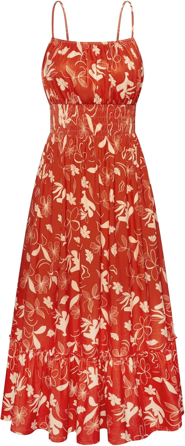GRACE KARIN Summer Dresses for Women 2026 Vacation,Smocked Floral Maxi Dress,Boho Beach Sundress with Pocket Fashion Clothing