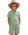 Boys 2 Piece Cotton Outfits 5-14Y Short Sleeve Button Down Shirt Shorts Pockets Summer Clothes Henley Casual Set