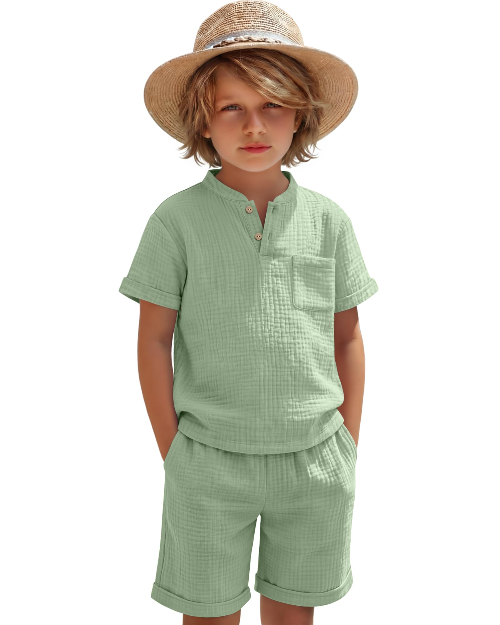 Boys 2 Piece Cotton Outfits 5-14Y Short Sleeve Button Down Shirt Shorts Pockets Summer Clothes Henley Casual Set