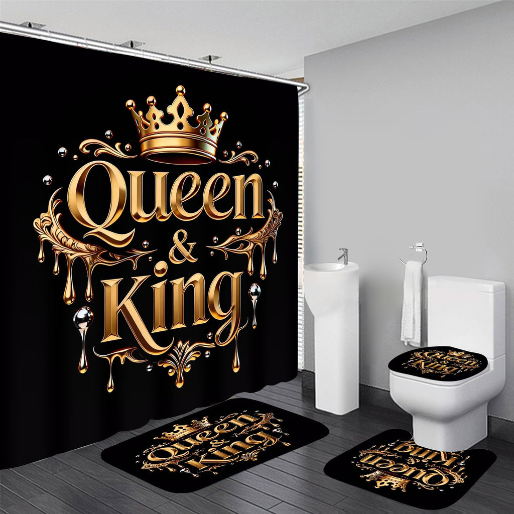 AZHM Golden Crown Print Shower Curtain Set Black Luxury Bathroom Accessories Sets with Shower Curtain and Rugs