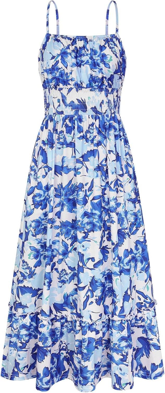 GRACE KARIN Summer Dresses for Women 2026 Vacation,Smocked Floral Maxi Dress,Boho Beach Sundress with Pocket Fashion Clothing