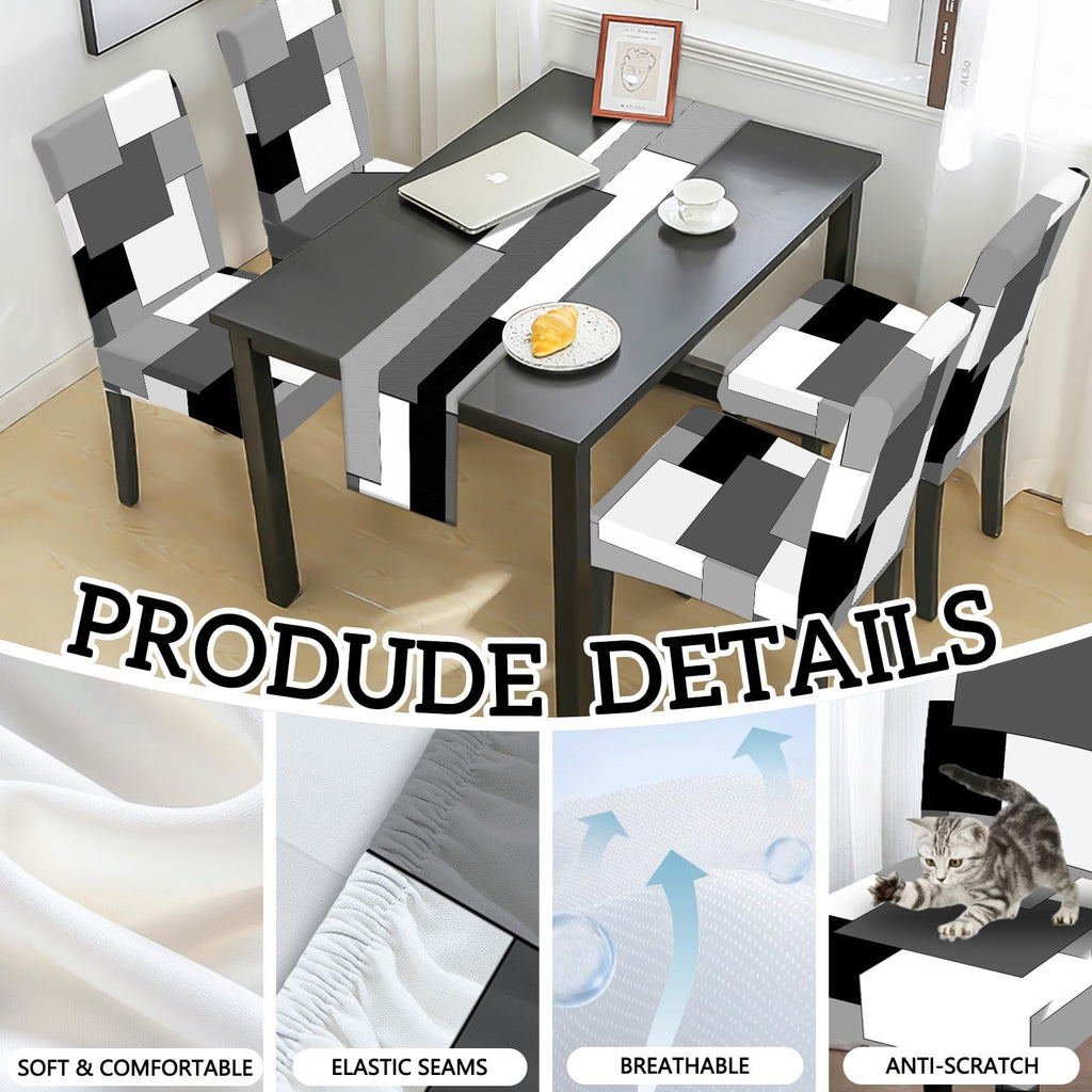 MCALK Geometric Navy Blue Chair Covers Set of 4 and Table Runner,Stretch Navy Blue Chair Slipcovers for Kitchen,Washable Removable Chair Protector Modern Chair Covers for Dining Room