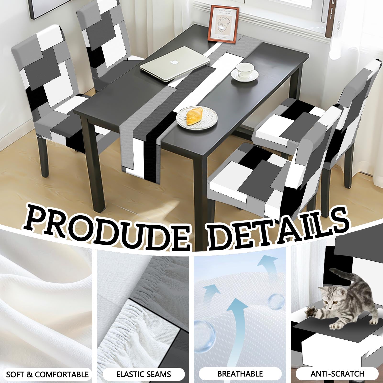 MCALK Geometric Navy Blue Chair Covers Set of 4 and Table Runner,Stretch Navy Blue Chair Slipcovers for Kitchen,Washable Removable Chair Protector Modern Chair Covers for Dining Room