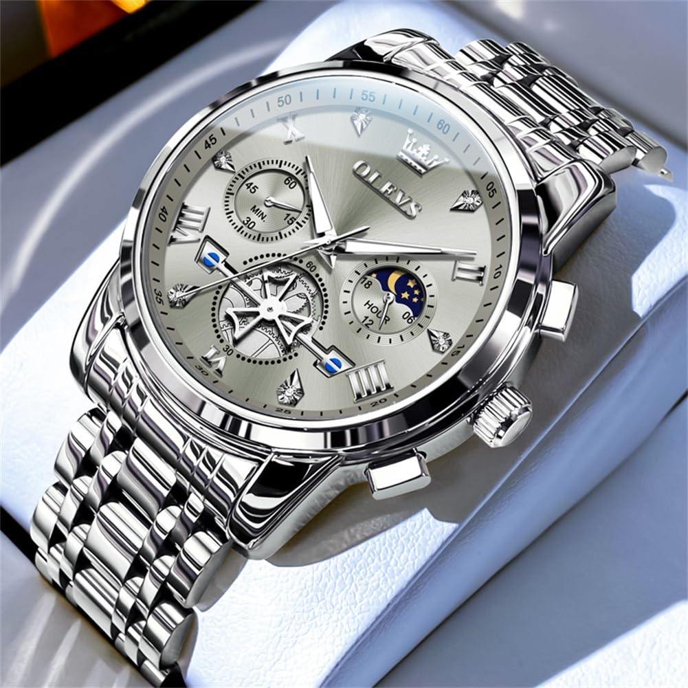 OLEVS Watches Men Waterproof Luxury Big Face Mens Watch Stainless Steel Quartz Analog Dress Watches for Men Luminous Multifunction Man Watch Relojes De Hombre