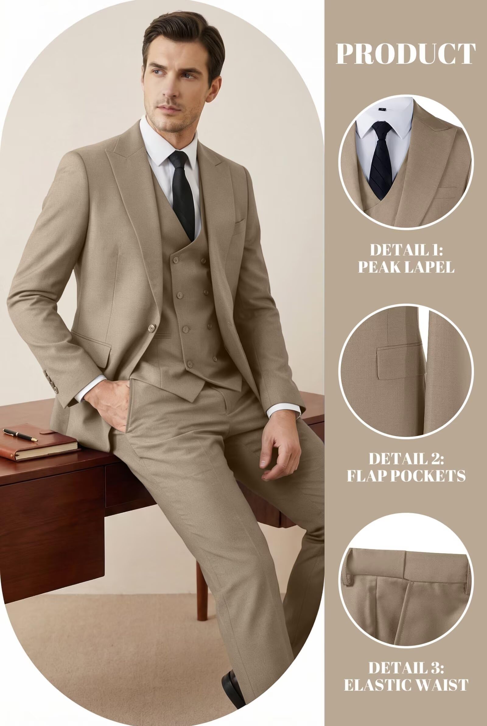 Mens Suit 3 Piece Double Breasted Suit Men Formal Business Tuxedos Blazer Vest Pants Set for Wedding Party Dinner