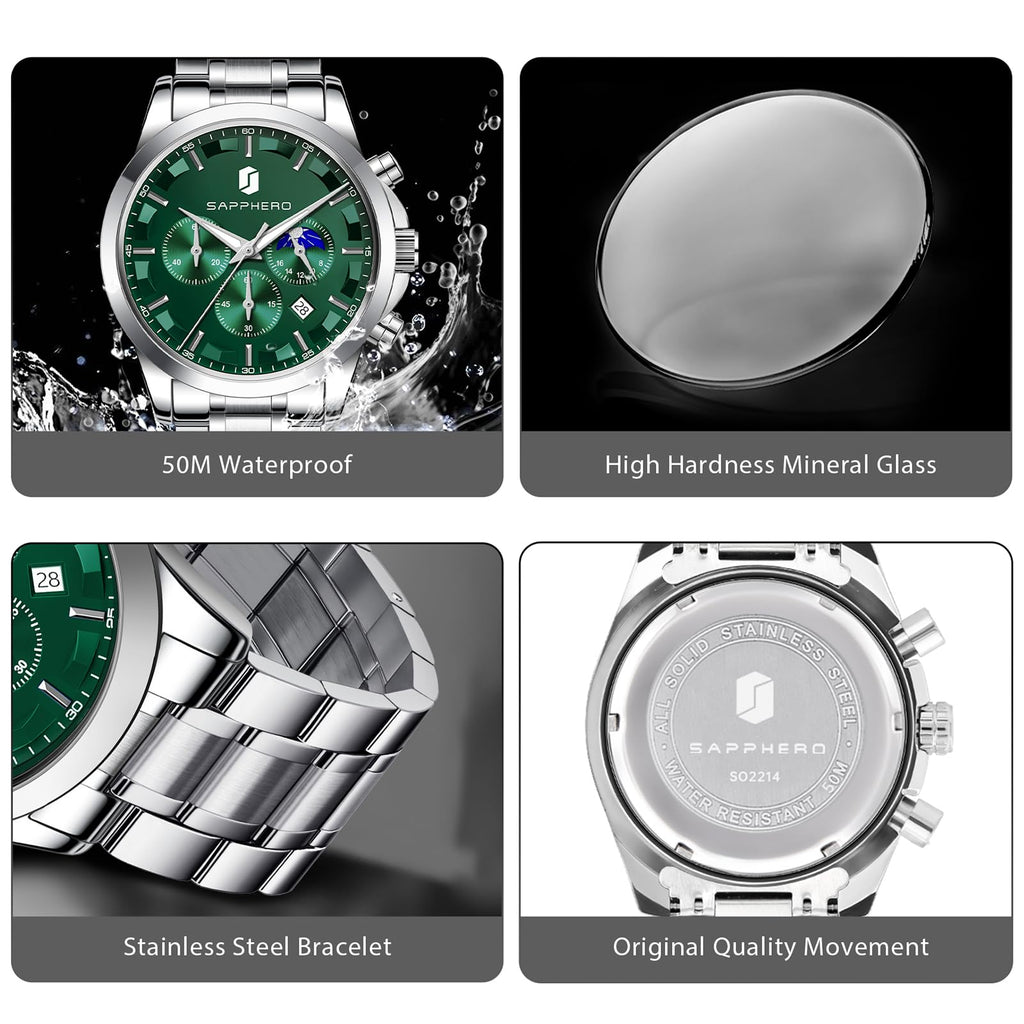 SAPPHERO Chronograph Watches for Men, Original Business Casual Stainless Steel Analog Watch 50M Waterproof Luminous Watches with Date Dial, Mens Gift