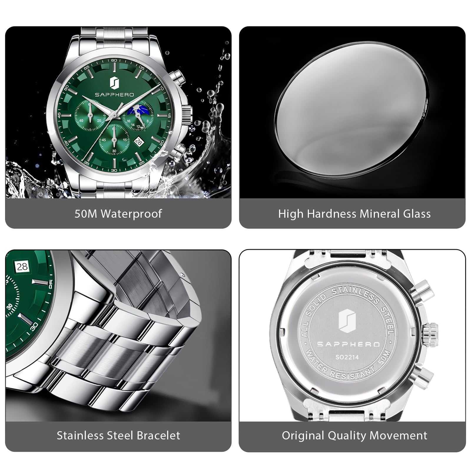 SAPPHERO Chronograph Watches for Men, Original Business Casual Stainless Steel Analog Watch 50M Waterproof Luminous Watches with Date Dial, Mens Gift