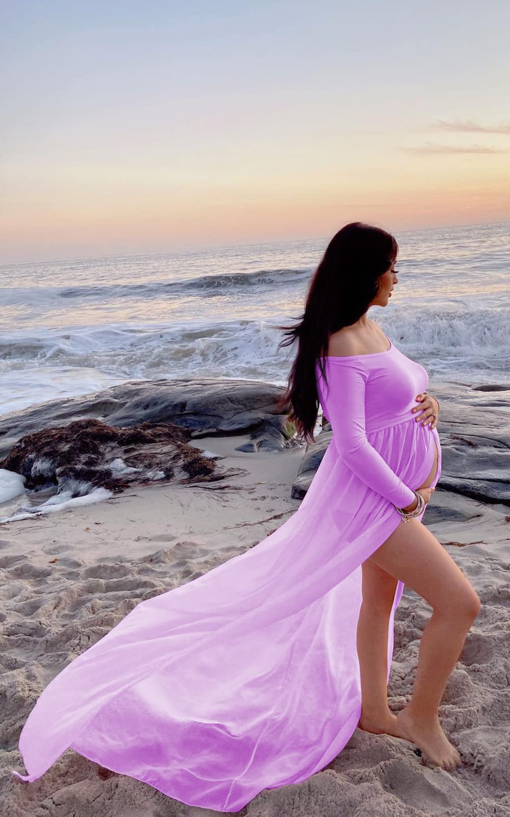 Mommy Jennie Maternity Dress Off Shoulder Long Sleeve Split Front Chiffon Gown for Photoshoot