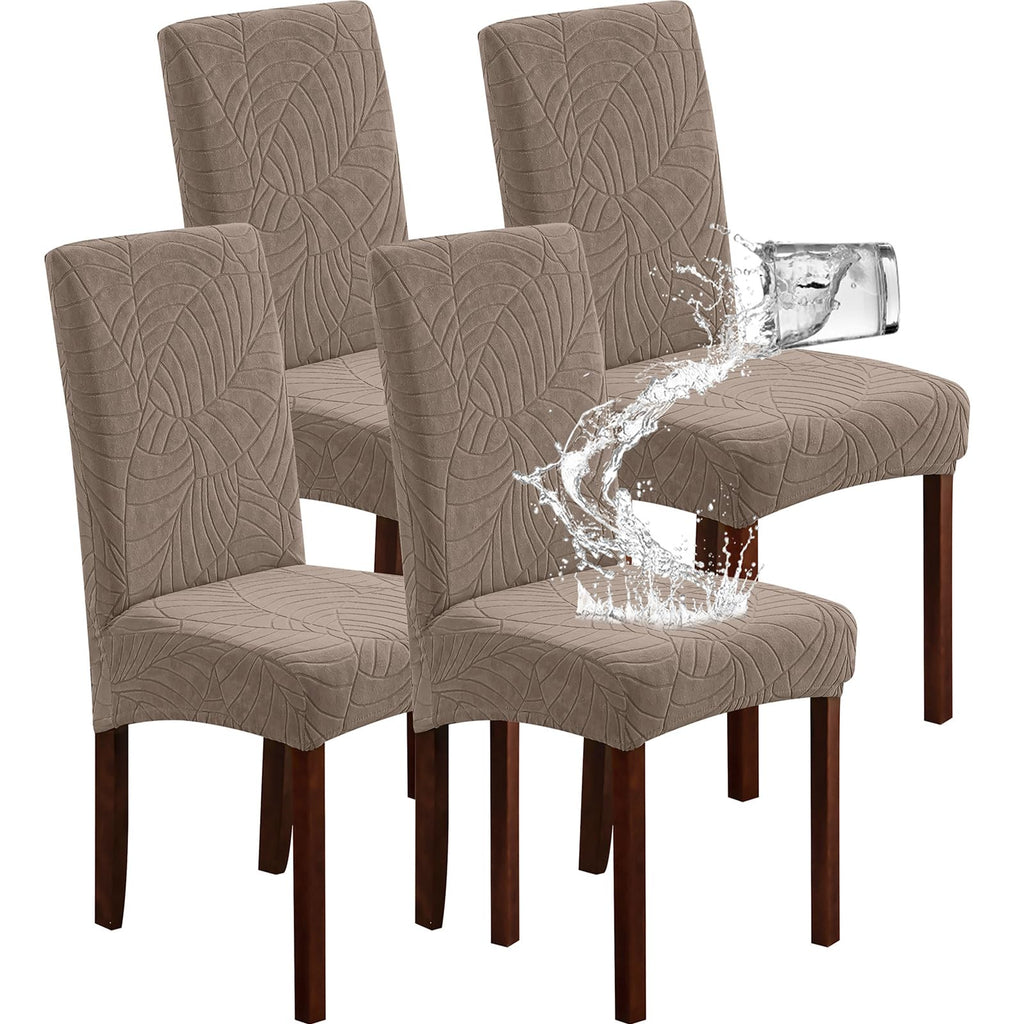 Genina Waterproof Chair Covers for Dining Room 6 Pack, Stretch Jacquard Dining Chair Cover Removable Washable Chair Protectors Cover for Kitchen, Home (Leaves-Warm Gray, 6 PCS)