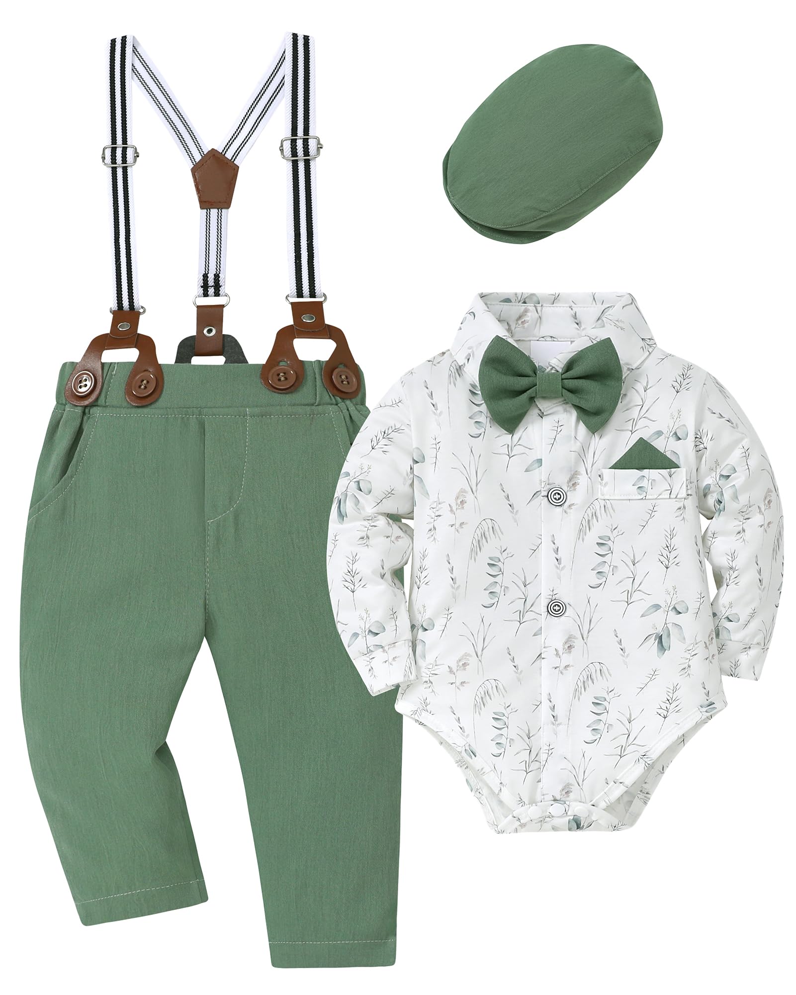 WESIDOM Baby Boy Clothes 0-18M Newborn Infant Gentleman Outfit, Shirt+Bowtie+Beret+Suspender Pant Baby boy Suit Clothing Set