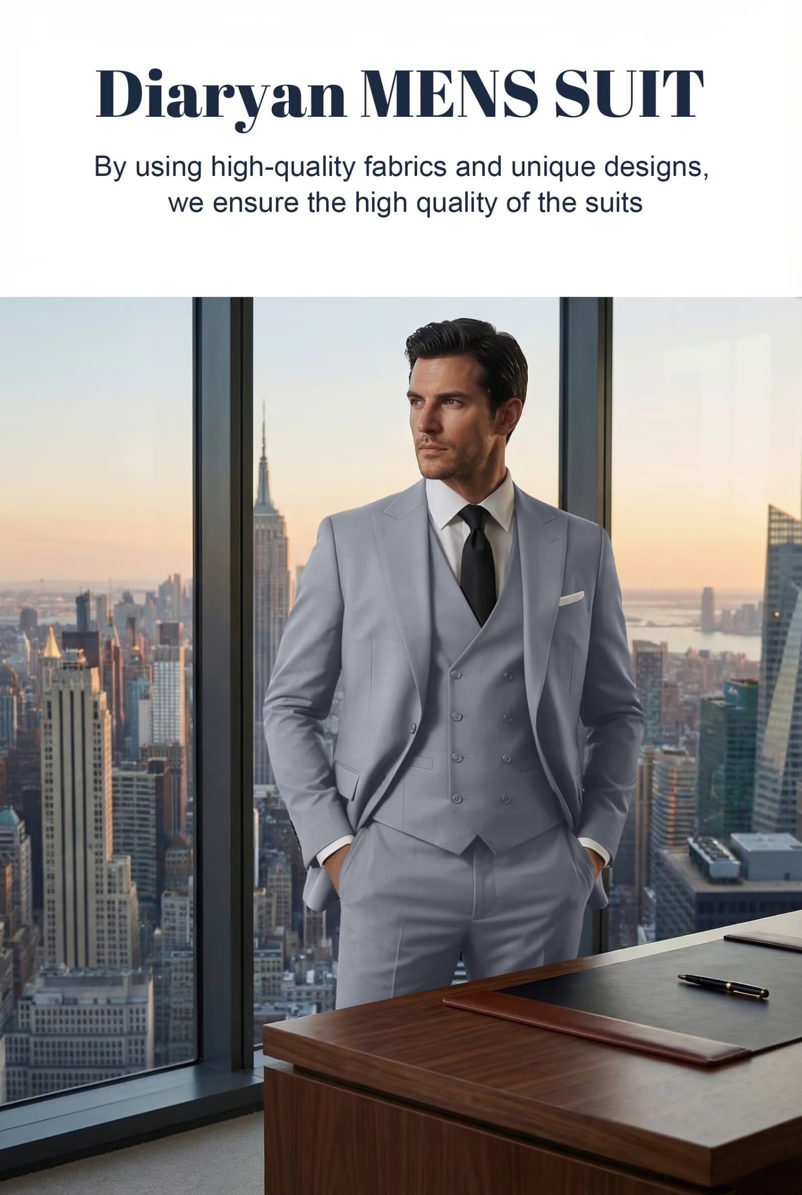 Mens Suit 3 Piece Double Breasted Suit Men Formal Business Tuxedos Blazer Vest Pants Set for Wedding Party Dinner