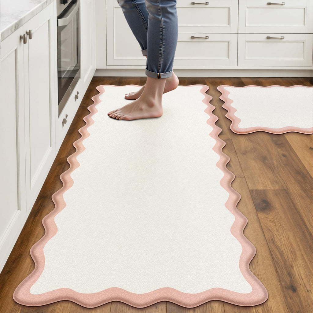 Arenarug Upgrade Scalloped Embossed Kitchen Mats for Floor 2PCS Cushioned Anti Fatigue Waterproof Foam Kitchen Rugs Non Slip Washable Comfort Standing Mat for Office Sink Laundry, Black