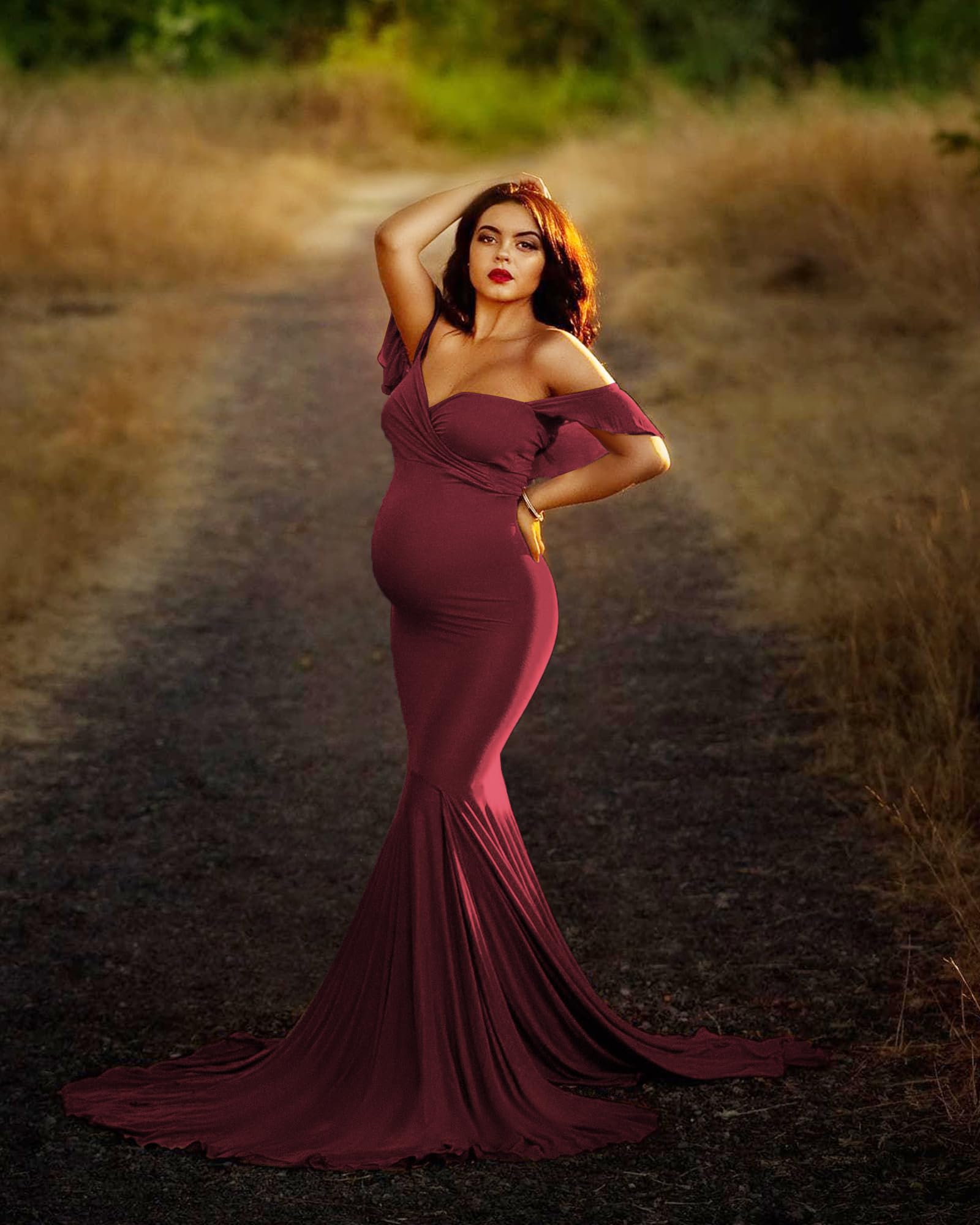 Saslax Off Shoulder Ruffle Sleeves Elegant Fitted Maxi Maternity Dress for Photoshoot Baby Shower