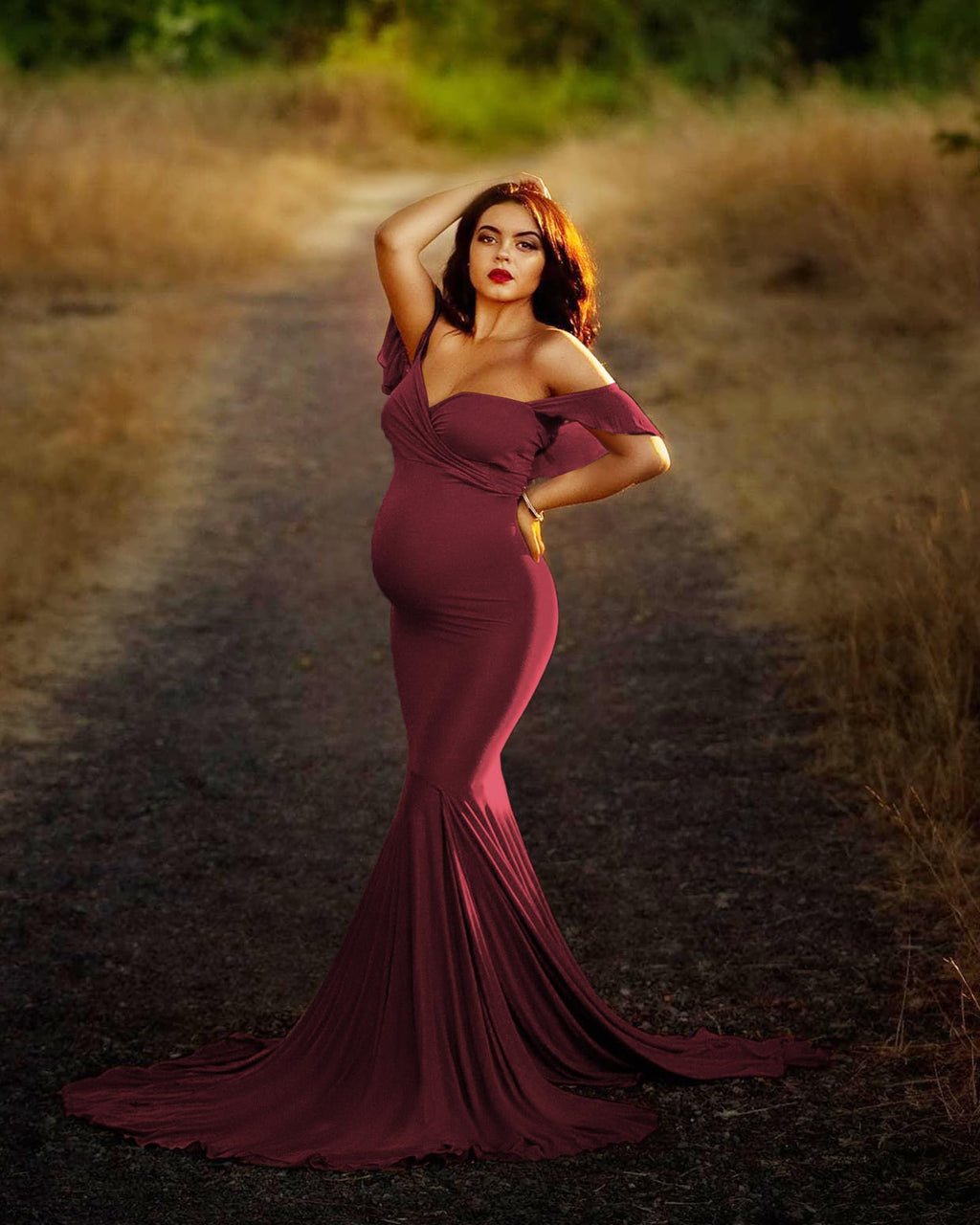 Saslax Off Shoulder Ruffle Sleeves Elegant Fitted Maxi Maternity Dress for Photoshoot Baby Shower