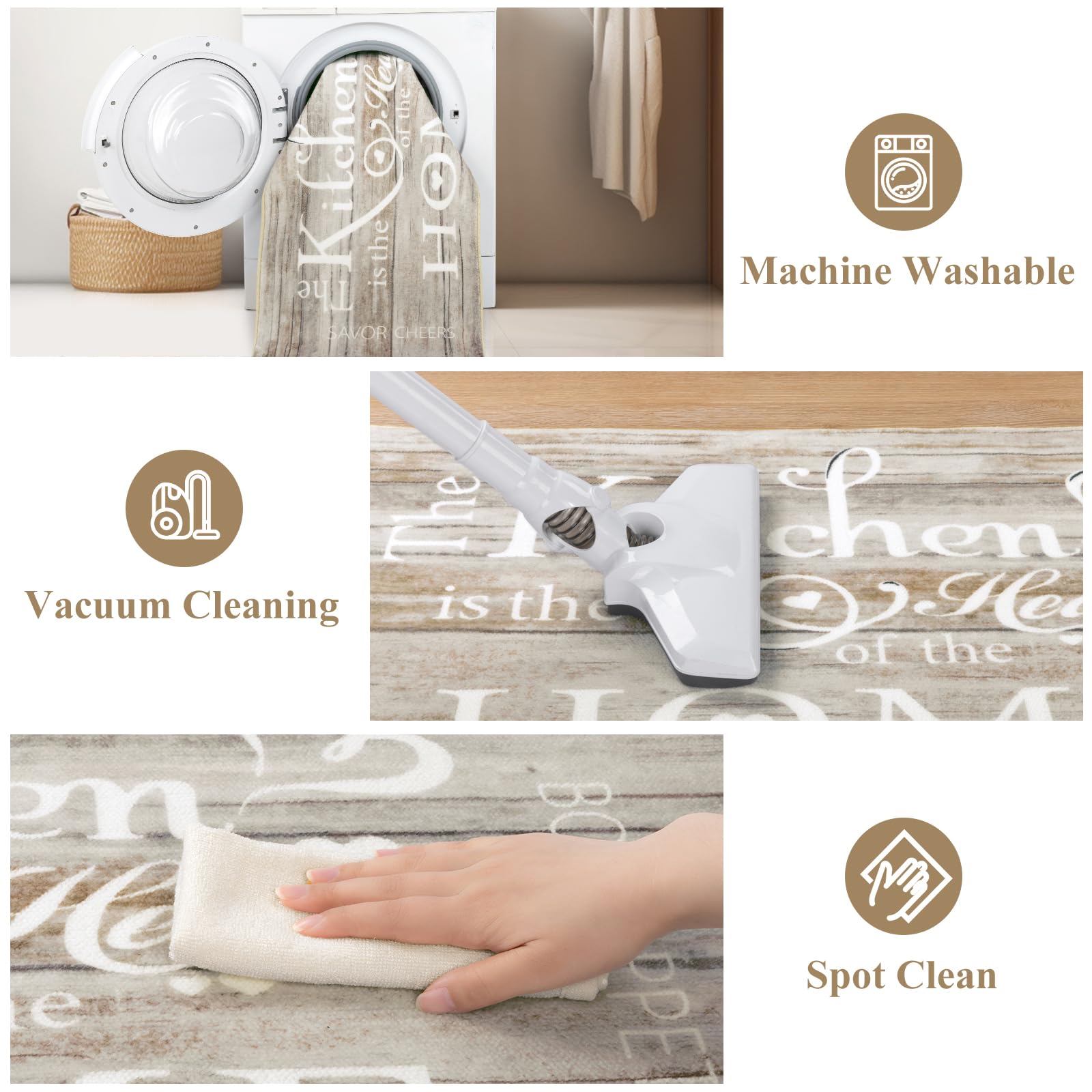 Vaukki Boho Kitchen Rug Sets 3 Pieces, Washable Kitchen Mats for Floor, Non Slip Soft Kitchen Area Rug Floor Mat for Kitchen, Laundry Room and Hallway (Grey and Beige, 20''x32''+20''x47''+20''x59'')