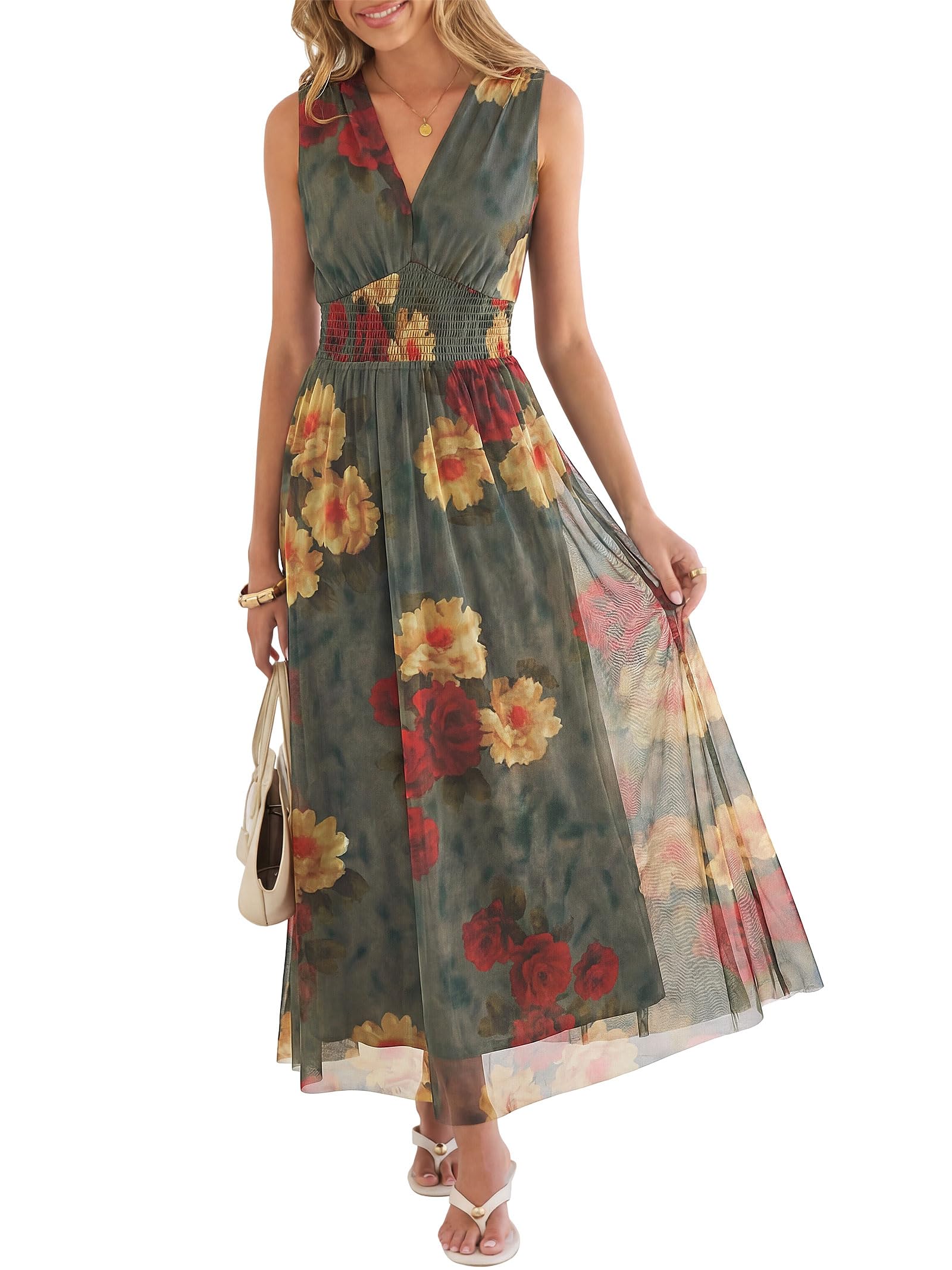 ANRABESS Womens Summer Floral Maxi Dress, A Line Tulle,Elegant for Wedding Guest & Beach Vacation,Flowy Casual Boho Outfits