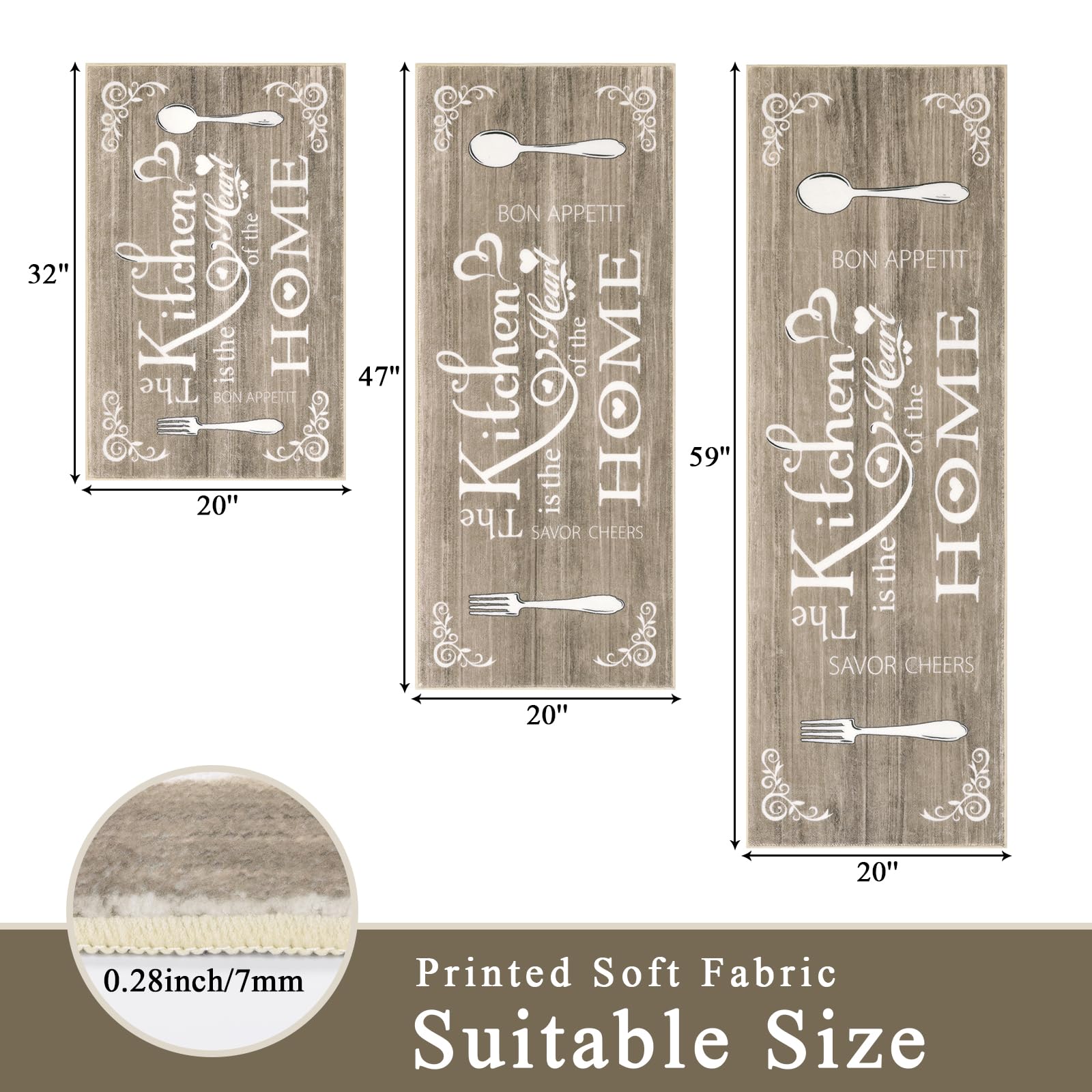 Vaukki Boho Kitchen Rug Sets 3 Pieces, Washable Kitchen Mats for Floor, Non Slip Soft Kitchen Area Rug Floor Mat for Kitchen, Laundry Room and Hallway (Grey and Beige, 20''x32''+20''x47''+20''x59'')
