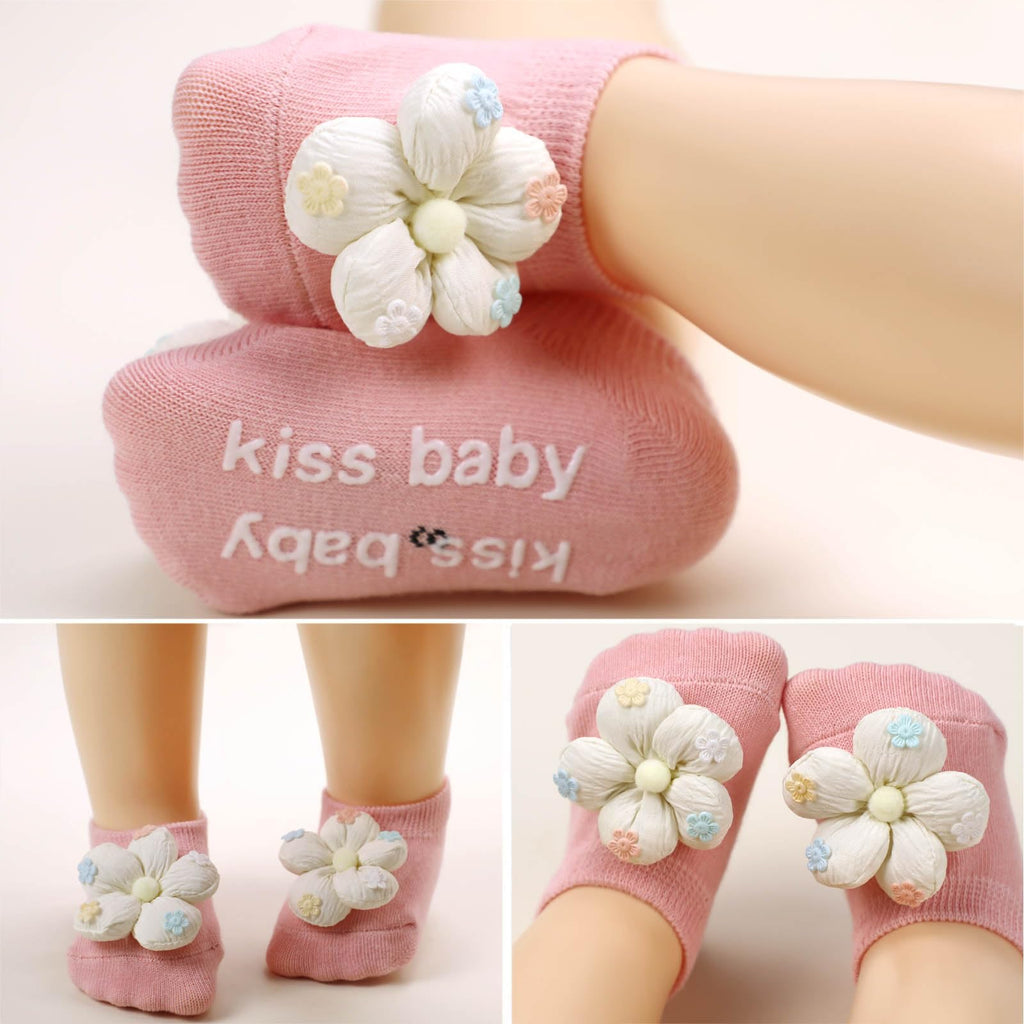 KEAINVRN 4Packs Baby Girls Socks,Flower Non-Slip Grips for Babies Toddler Princess Low Cut Ankle Socks for Girls