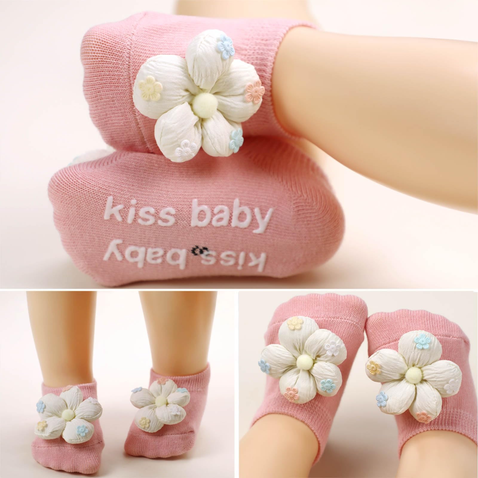 KEAINVRN 4Packs Baby Girls Socks,Flower Non-Slip Grips for Babies Toddler Princess Low Cut Ankle Socks for Girls