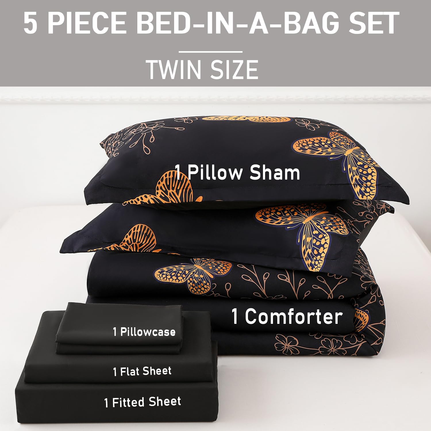 Yogeneg 7 Piece Bed in a Bag King Size Comforter Set Black Bedding Set,Gold Butterfly Leaves Printed on Black Reversible Design,Soft Microfiber Comforter with Sheet Set,All Season(Butterfly,King)