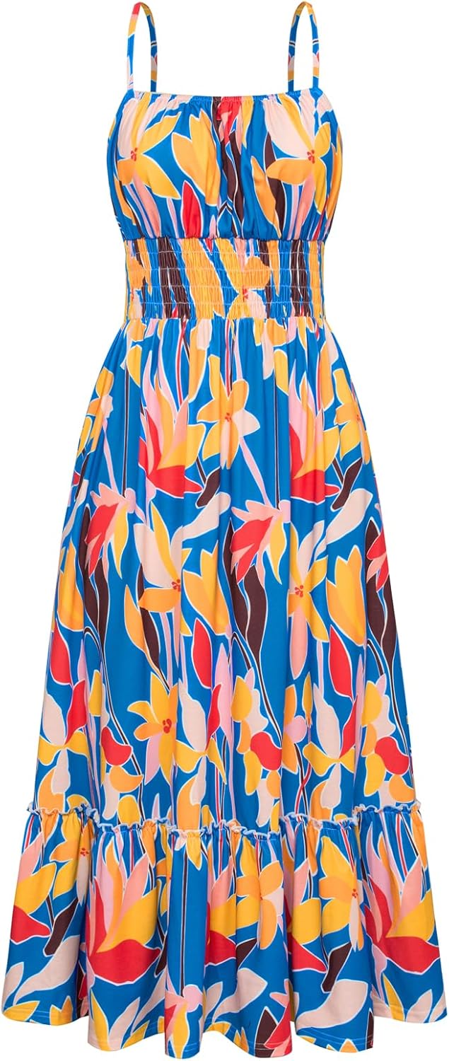 GRACE KARIN Summer Dresses for Women 2026 Vacation,Smocked Floral Maxi Dress,Boho Beach Sundress with Pocket Fashion Clothing