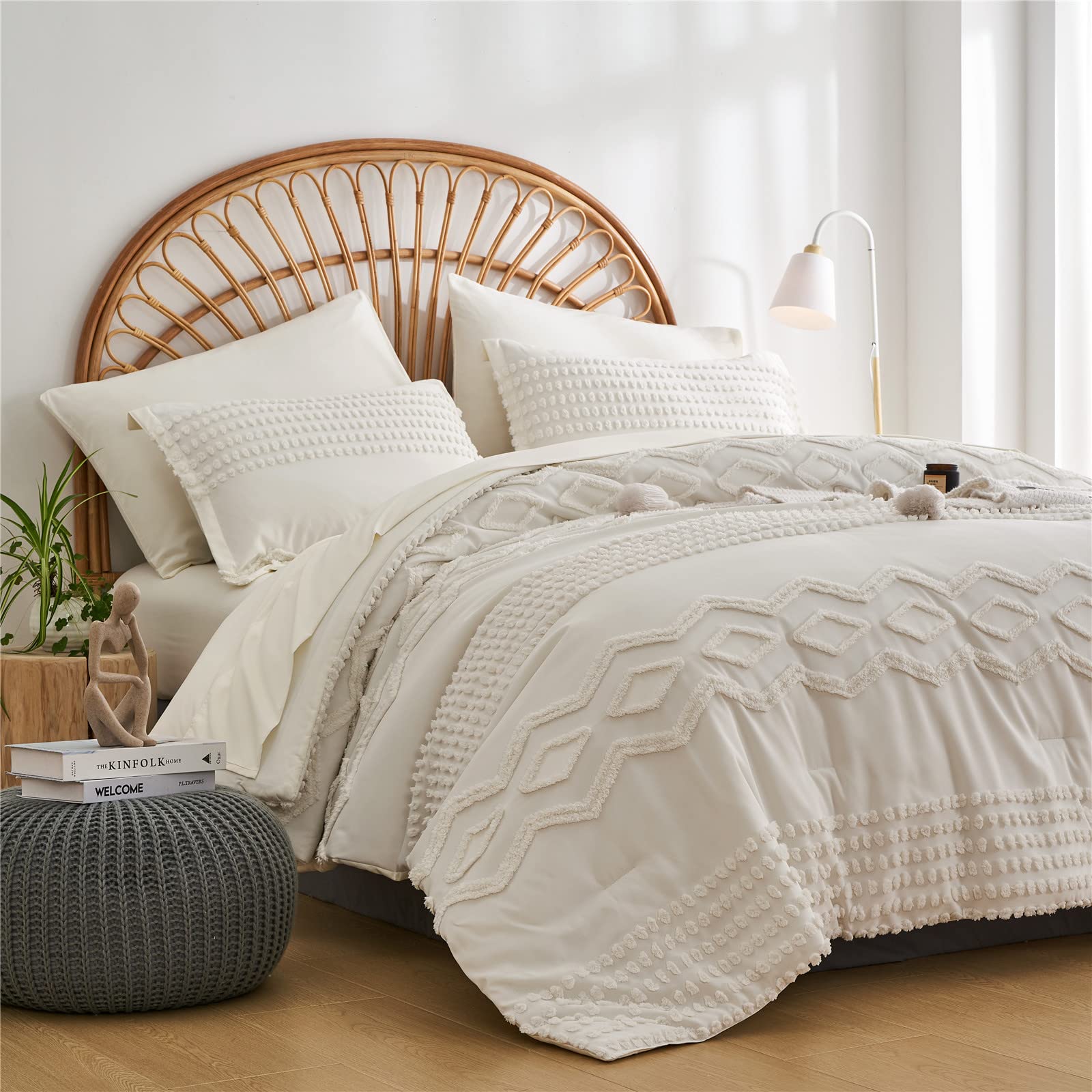 KAKIJUMN Grey Tufted Comforter Set King Size 7 Piece Bed in a Bag, Shabby Chic Boho Comforter and Sheet Set, Pom Pom Textured Bed Set, All Season Soft Microfiber Complete Bedding Set(Grey,King)