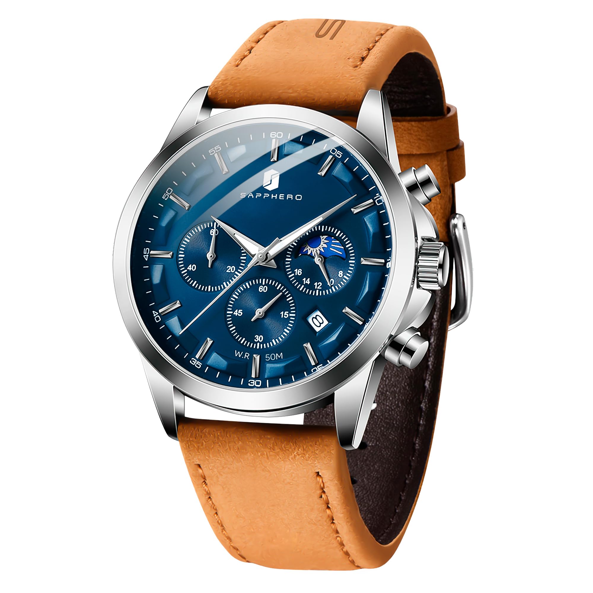 SAPPHERO Chronograph Watches for Men, Original Business Casual Stainless Steel Analog Watch 50M Waterproof Luminous Watches with Date Dial, Mens Gift