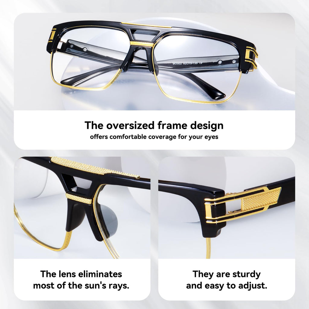 Dollger Square Sunglasses for Men Classic Oversized Sun Glasses Retro Semi Rimless Gold Alloy Frame UV400