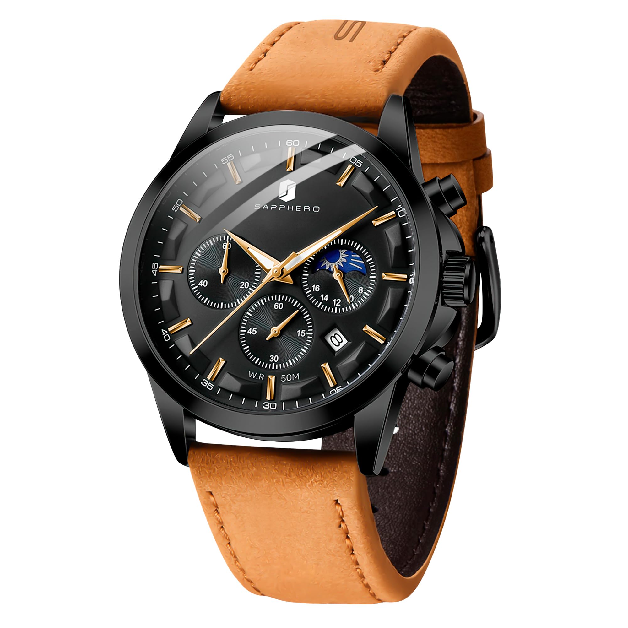 SAPPHERO Chronograph Watches for Men, Original Business Casual Stainless Steel Analog Watch 50M Waterproof Luminous Watches with Date Dial, Mens Gift