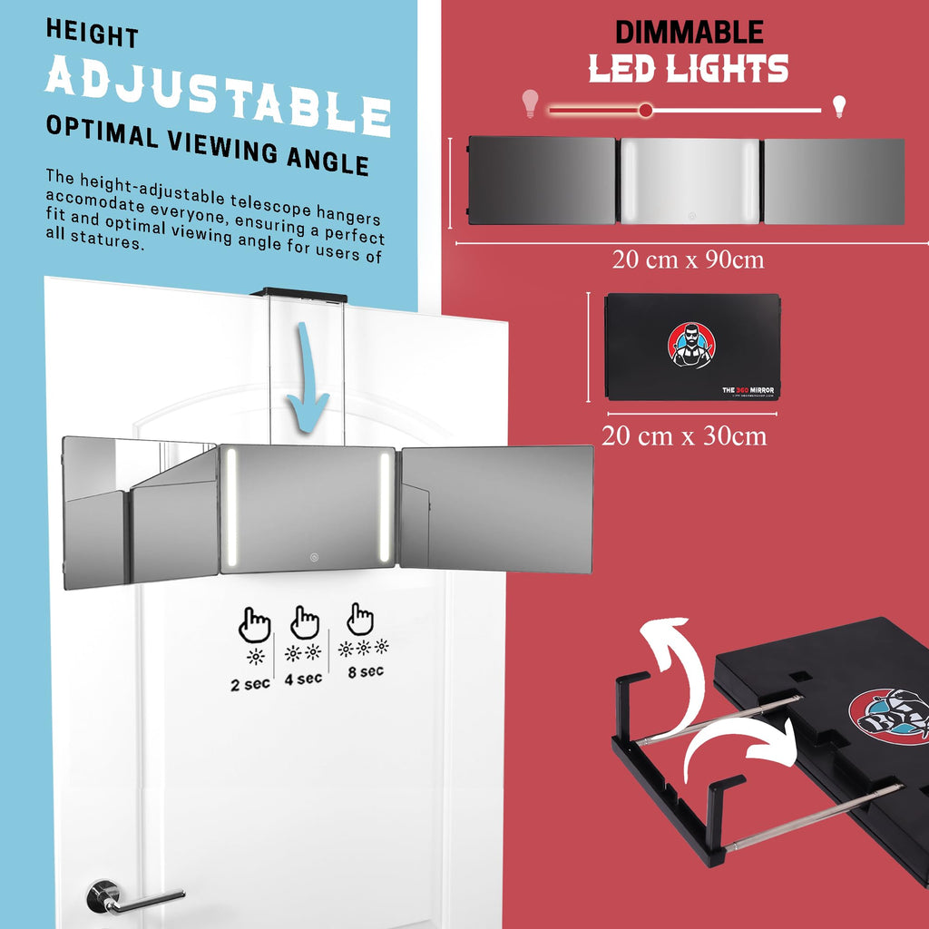 The 360 Mirror - 3 Way Mirror for Self Hair Cutting - Adjustable Trifold Barber Miror to Cut Your Own Hair - Tri Fold Self Haircut System for Men and Women Braiding - Three Sided Miror for Haircuts