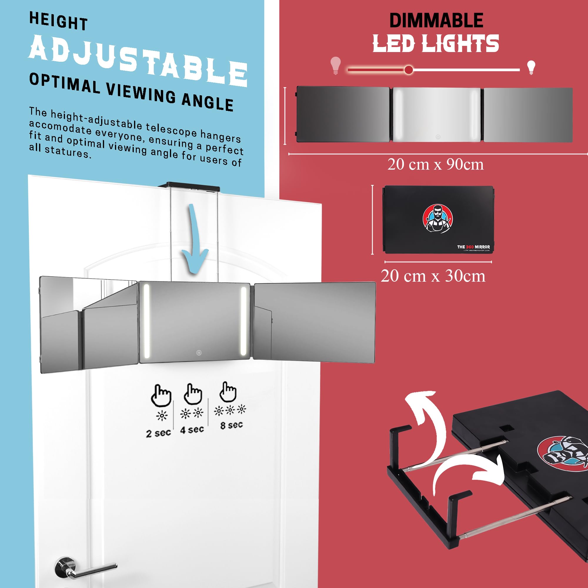 The 360 Mirror - 3 Way Mirror for Self Hair Cutting - Adjustable Trifold Barber Miror to Cut Your Own Hair - Tri Fold Self Haircut System for Men and Women Braiding - Three Sided Miror for Haircuts