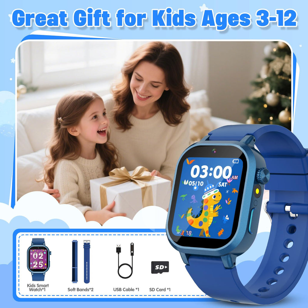 Wiszodet Kids Waterproof Smart Watch Boys Gift Age 3-12 with 39 Game HD Touch Screen Music Player Video Camera Pedometer Alarm Clock Birthday Gift for 6 7 8 9 Year Olds Blue
