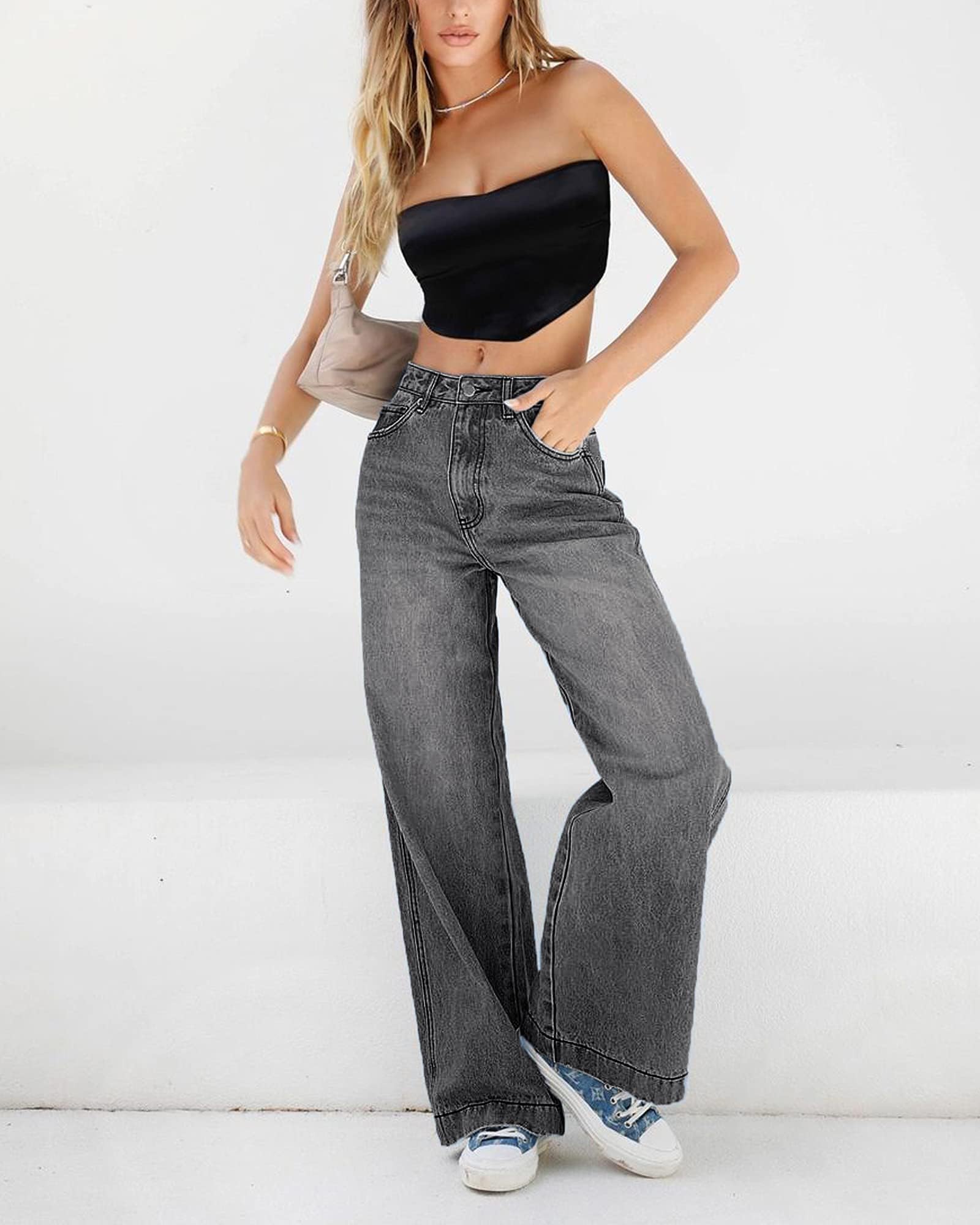EMMIOL Women Baggy Jeans Mid-Low Waist Boyfriend Streetwear Vintage Jeans Wide Leg Denim Pants