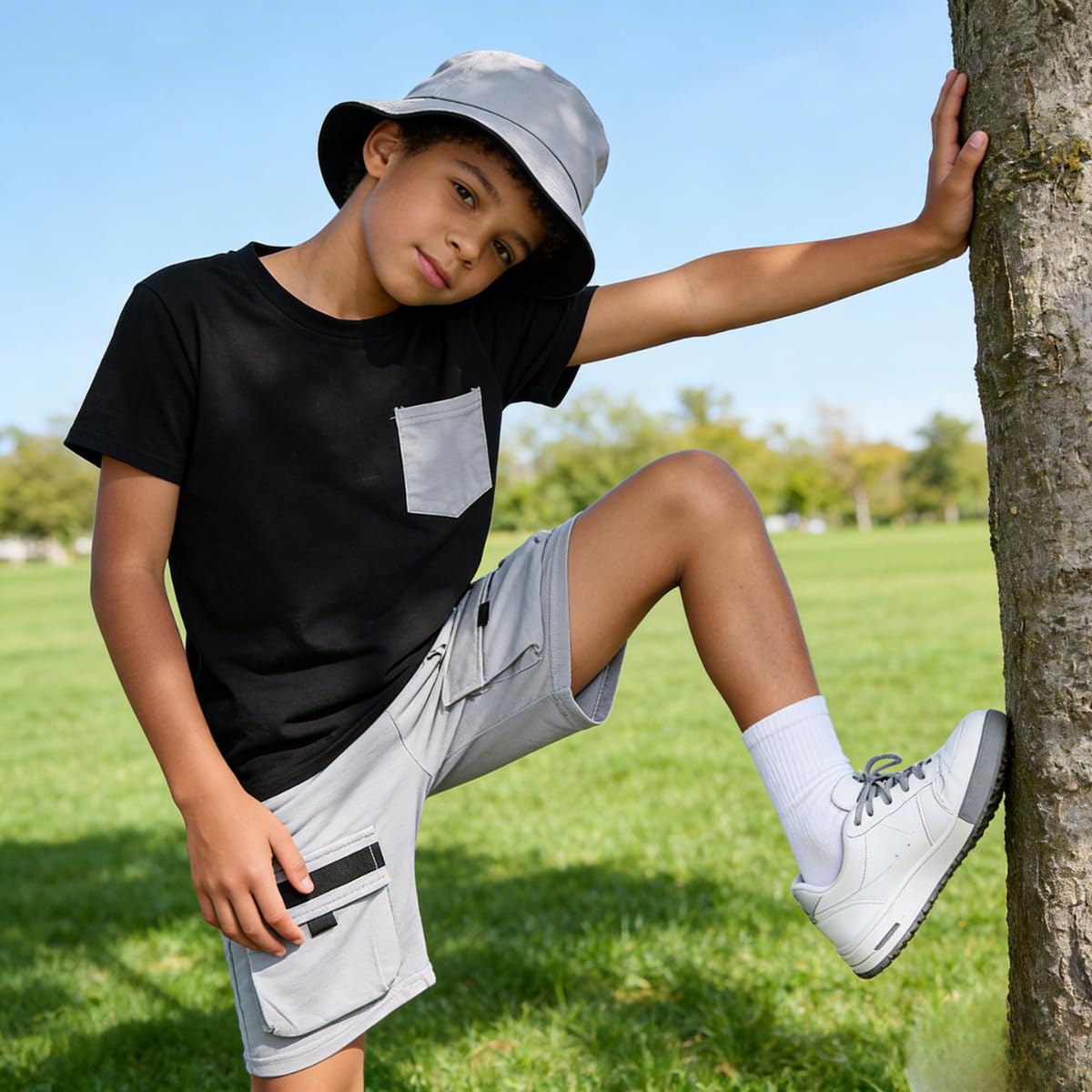 Azmxynol Tween Boys Clothes Daily Casual Short Sleeve Top + Cargo Shorts 2 Pieces Outfit Set, Size 6-14 Years