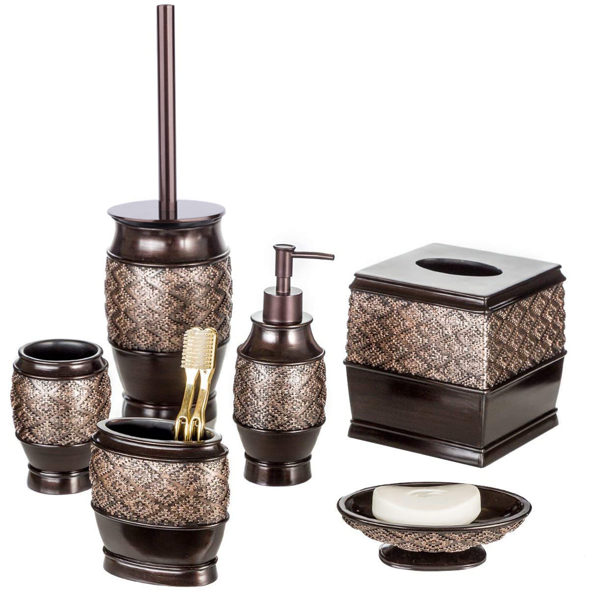 Creative Scents Dublin Brown Bathroom Accessories Set Complete - 4 Pc. Bathroom Sets Accessories, Luxury Bathroom Accessory Set - Soap Dispenser, Soap Dish, Tumbler & Toothbrush Holder Set
