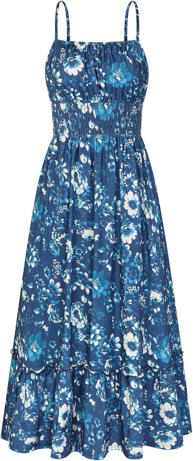 GRACE KARIN Summer Dresses for Women 2026 Vacation,Smocked Floral Maxi Dress,Boho Beach Sundress with Pocket Fashion Clothing