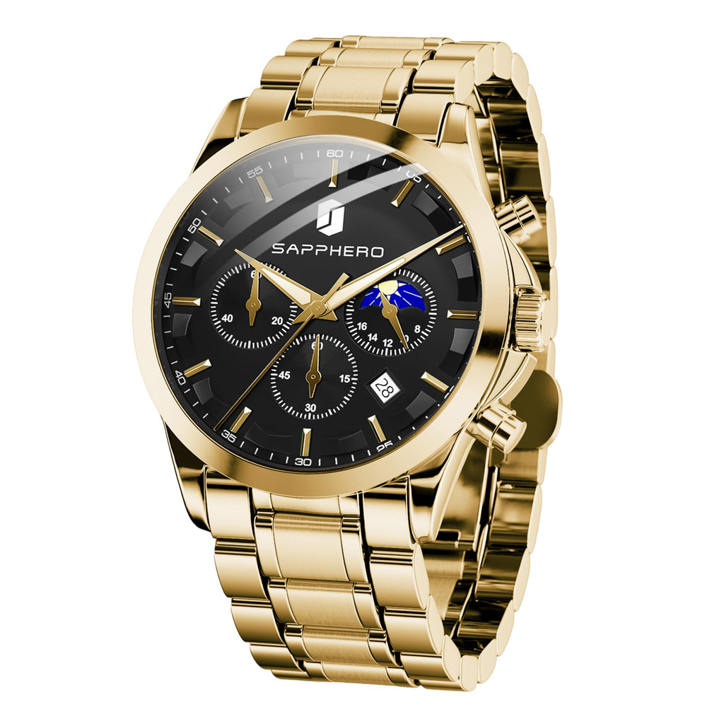 SAPPHERO Chronograph Watches for Men, Original Business Casual Stainless Steel Analog Watch 50M Waterproof Luminous Watches with Date Dial, Mens Gift