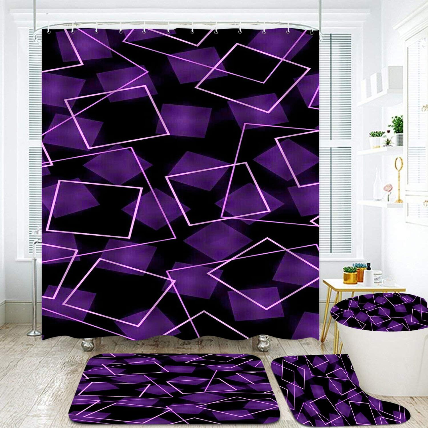 Yizheer Luxury 4Pcs Black & Gold Shower Curtain Set, Damascus Pattern Waterproof Bathroom Decor Kit (Shower Curtain + Bath Rugs + Toilet Lid Cover + Hooks), Elegant Vintage Curtain for Bathroom