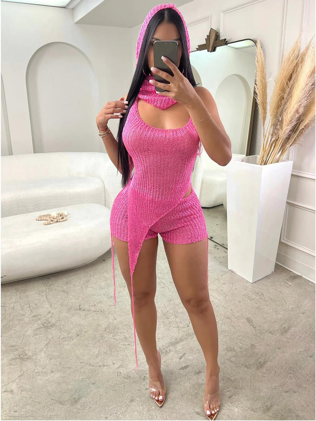 KANSOON Sexy Two Piece Outfits for Women Sequin Knit Backless Irregular Halter Top Crochet Shorts Set with Matching Rave Hood