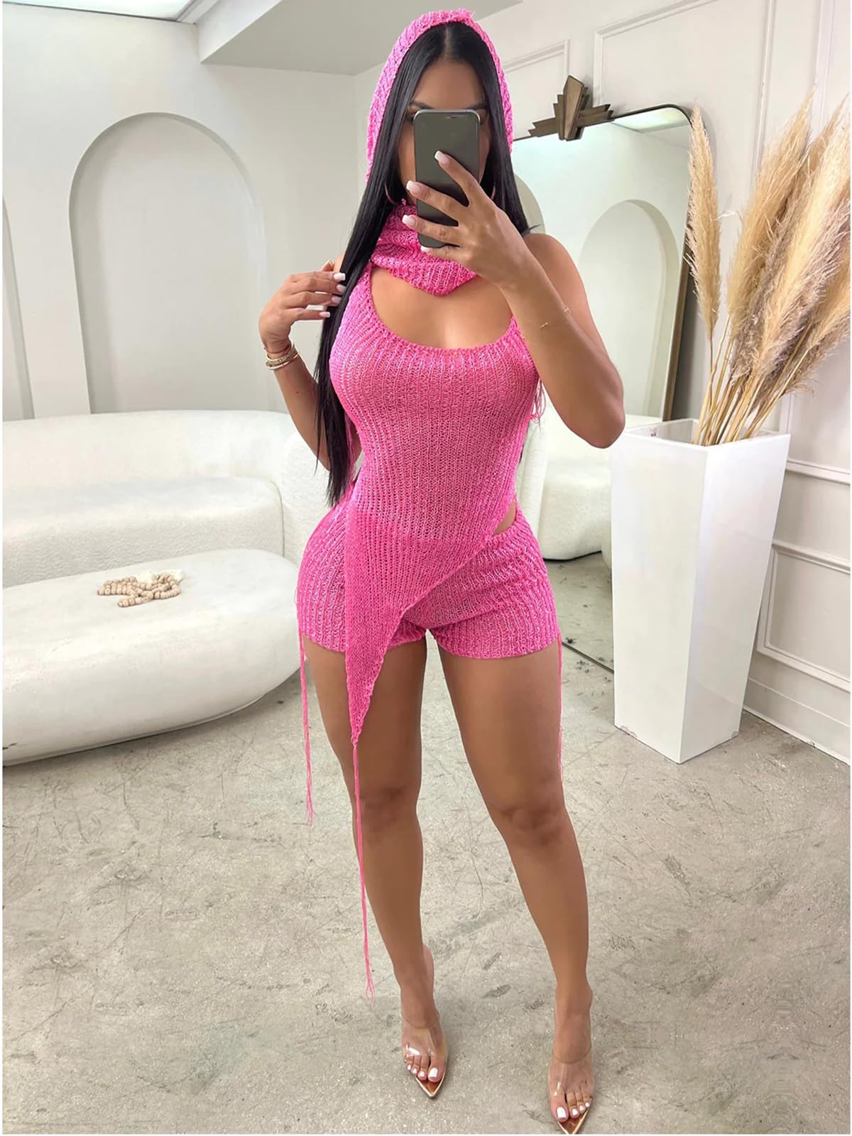 KANSOON Sexy Two Piece Outfits for Women Sequin Knit Backless Irregular Halter Top Crochet Shorts Set with Matching Rave Hood