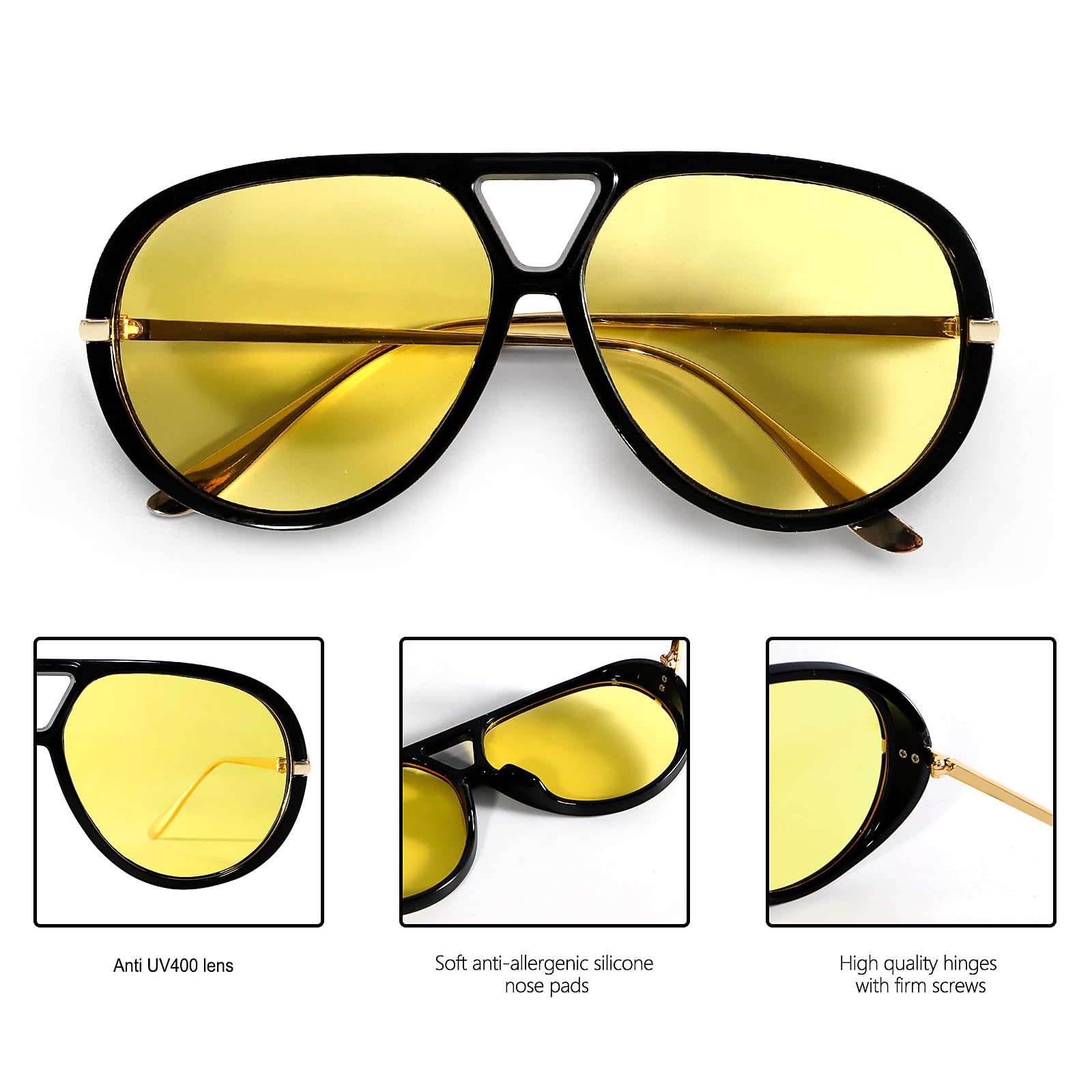 GUVIVI Retro Gold Aviator Sunglasses for Women Men, 2026 Metal Oversized 70s Aviators Black Vacation Beach Sun Glasses