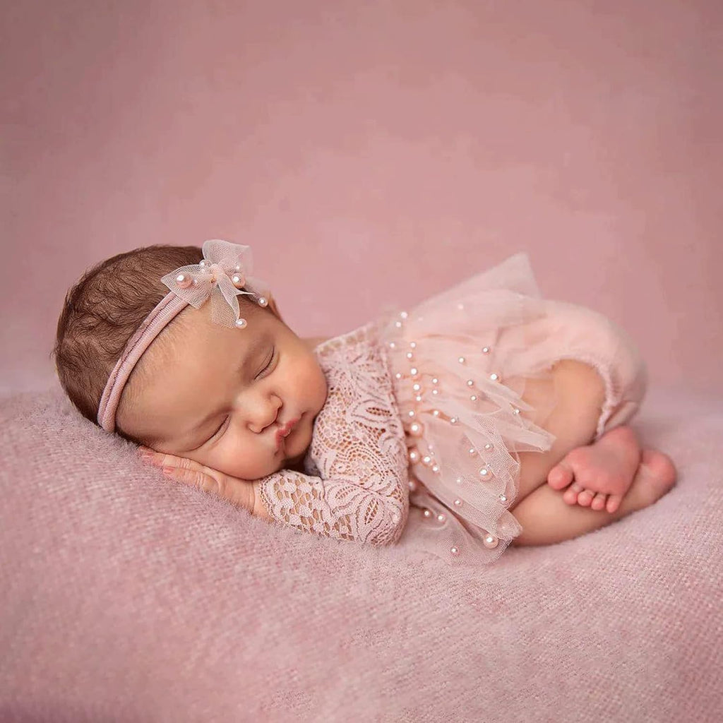 Newborn Lace Romper, 2 PCS Baby Girl Photography Props, Newborn Girl Photography Outfits with Flower Headband for Infants